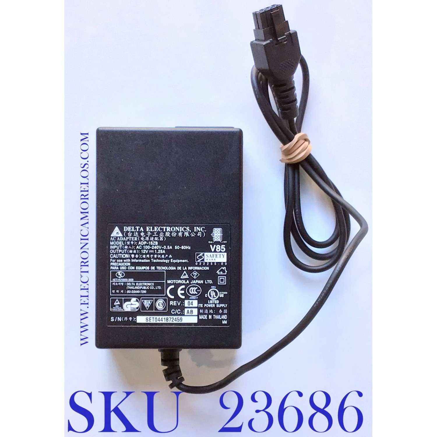 ADAPTADOR DELTA VCA / NUMERO DE PARTE 022255-00 / V85 / KETI HU10056-3029 /  MODELO ADP-15ZB / ENTRADA VCA 100-240V~50-60Hz .5A / SALIDA VCD 12V-1.25A 	